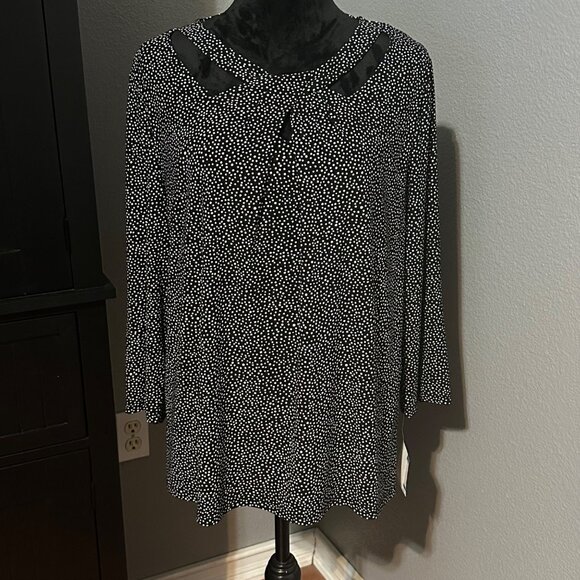 Kasper Blouse XL Black White Polka Dot Cutout Neck 3/4 Sleeve NWT Career Office - Picture 1 of 10
